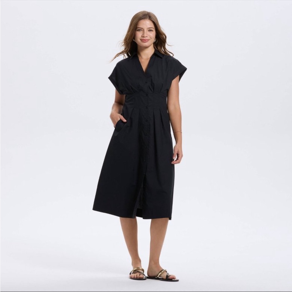 a new day Black Midi Pleated Cap Short Sleeve Shirtdress with Pockets NWT L
